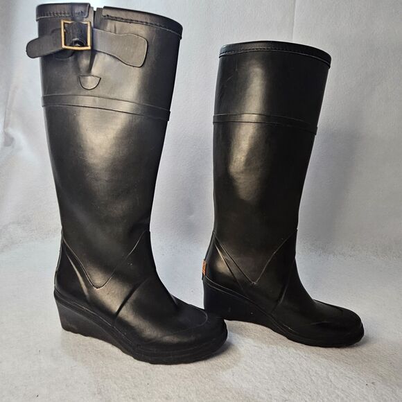MICHAEL KORS Black Wedge Rain boots Sz 6 - Picture 1 of 9